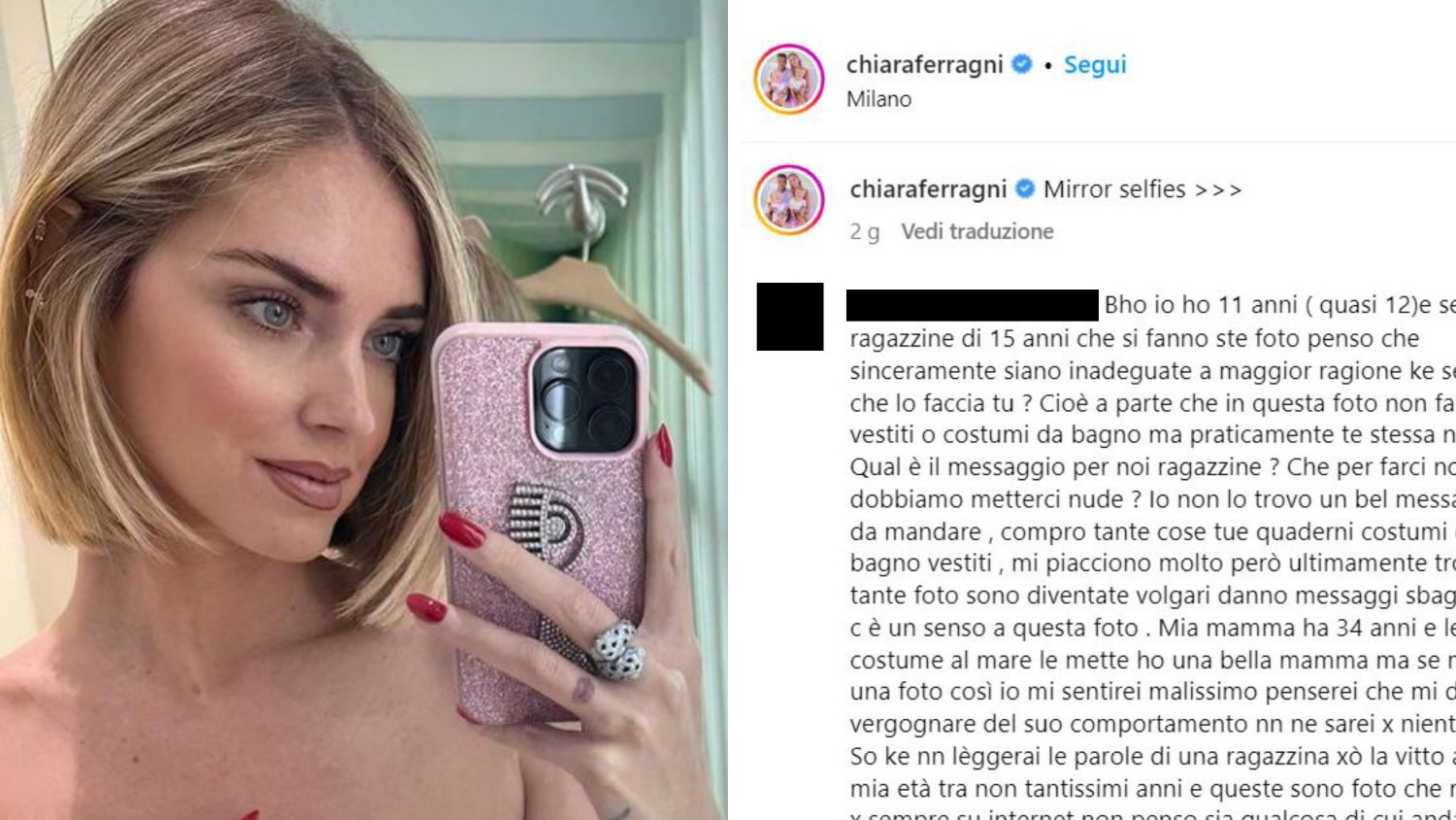 Chiara Ferragni posa seminuda, 11enne le scrive: "Non lo trovo un bel messaggio". Lei replica così