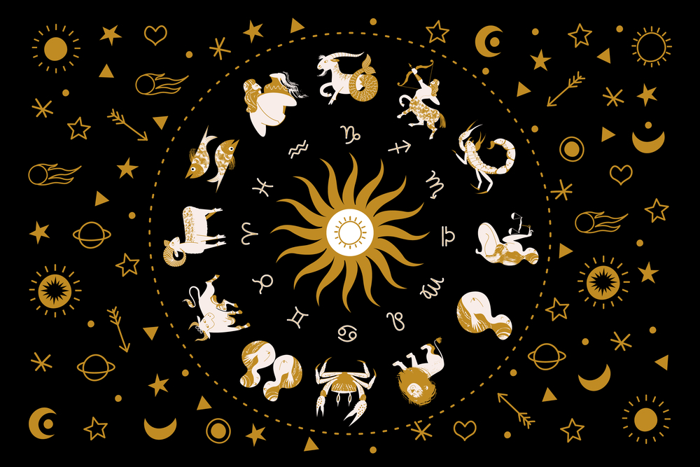 Horoscope and astrology. Horoscope wheel with the twelve signs of the zodiac. Zodiacal circle. Vector illustration.