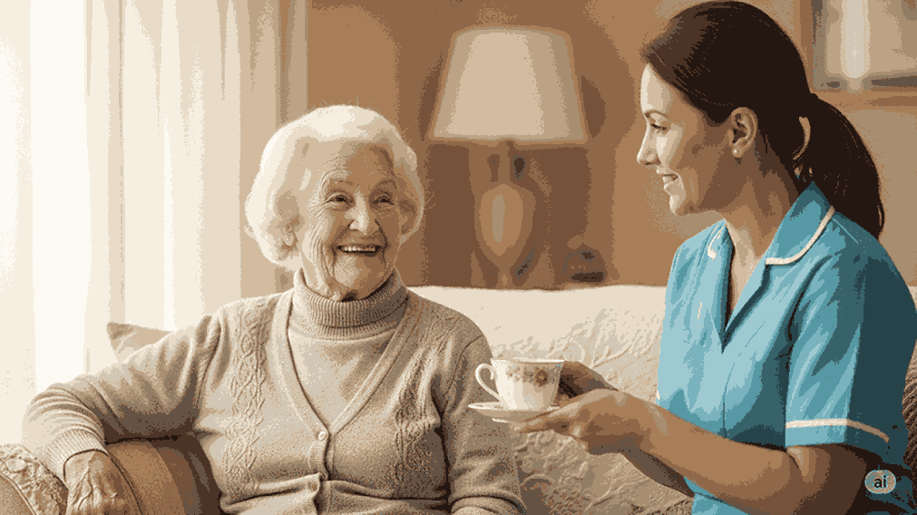 Una donna anziana sorridente seduta su un divano, affiancata da una badante che le porge una tazza di tè. Ambiente domestico, atmosfera calda e rassicurante. Luce naturale