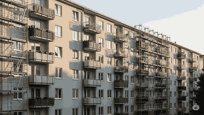 Facciata di condominio con balconi in parte ristrutturati e in parte no