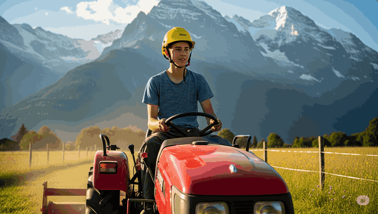 Ragazzo di 14 anni guida un piccolo trattore in un campo in Svizzera