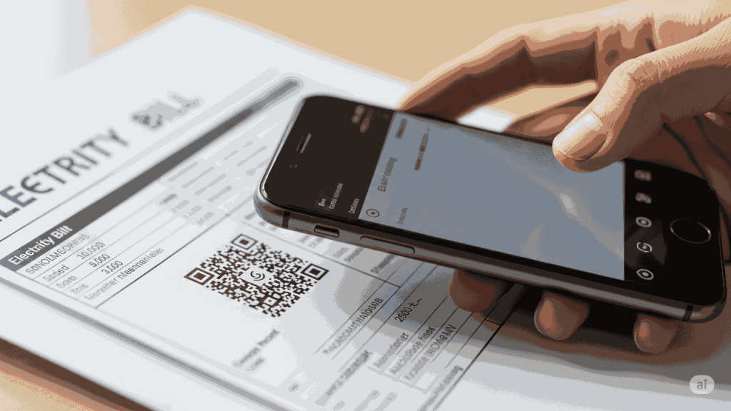 Mano che scansiona con lo smartphone il QR code su una bolletta della luce