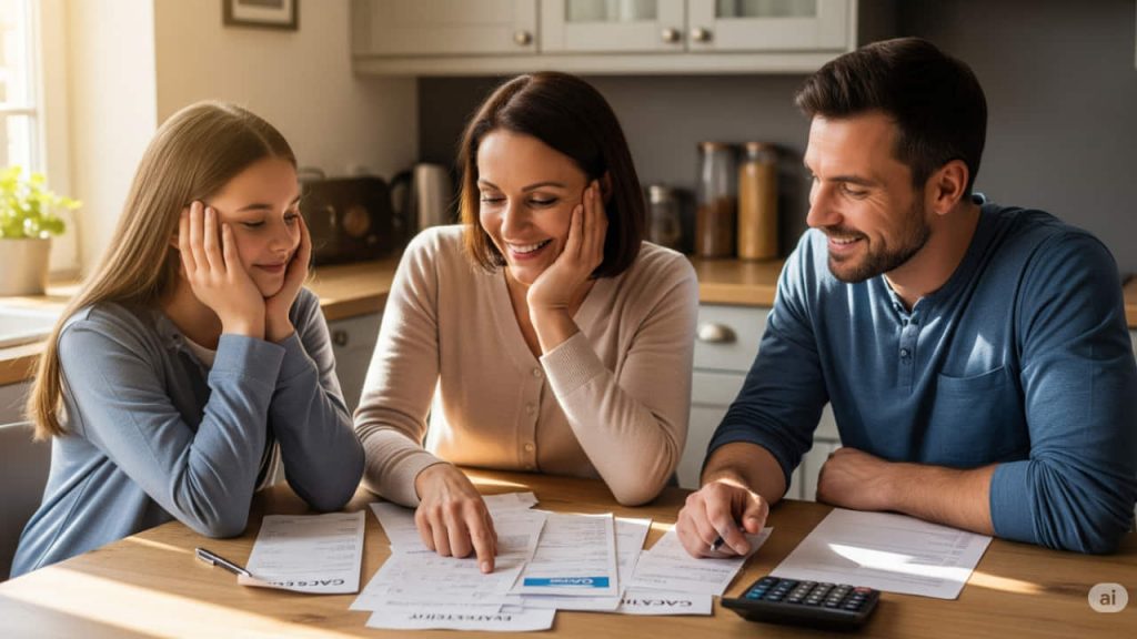 Una famiglia nella cucina di casa mentre controlla le bollette di luce e gas con espressione sollevata, documenti e calcolatrice sul tavolo, luce naturale che entra dalla finestra.
