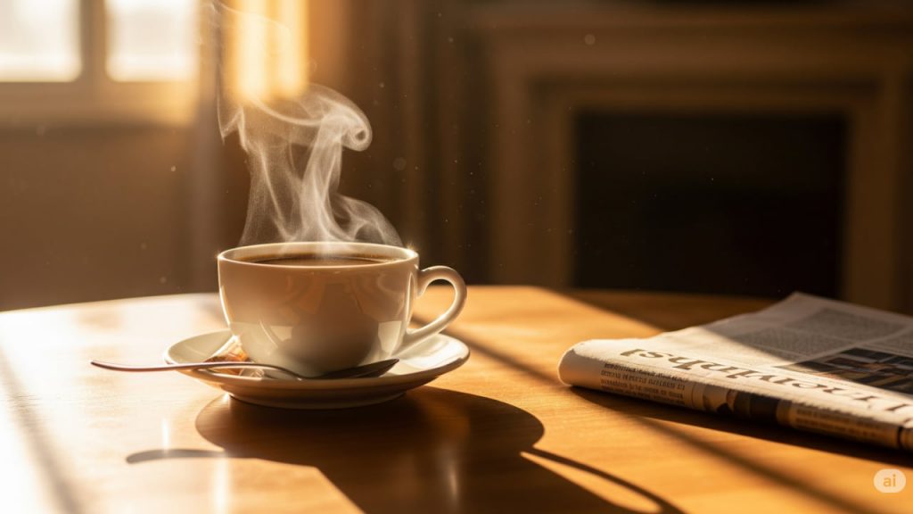 Una tazza di caffè fumante su un tavolo al mattino, con luce naturale che entra da una finestra e atmosfera rilassata.
