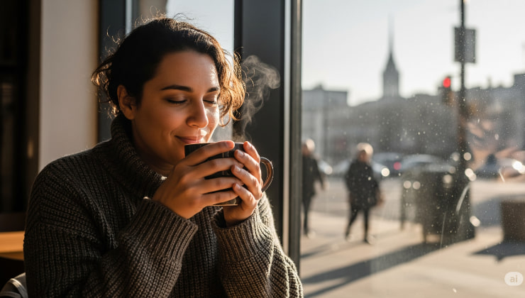 Una persona che sorseggia un caffè al mattino seduta accanto a una finestra con luce naturale.