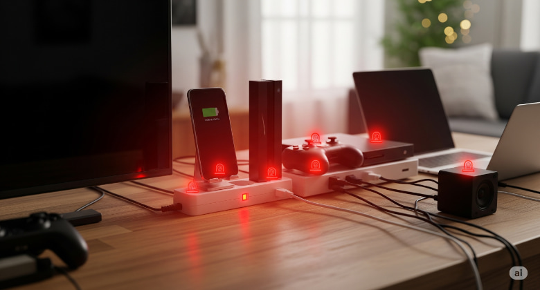 Un tavolo domestico con più dispositivi elettronici collegati a una ciabatta multipresa, spie rosse di standby accese, rappresentazione visiva del consumo invisibile di energia.