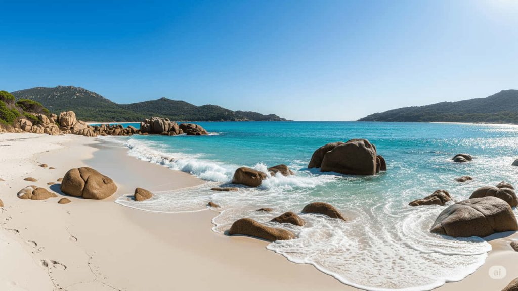 Spiaggia di sabbia bianca in Corsica con mare cristallino