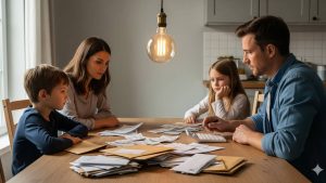 Famiglia a tavola con bollette.