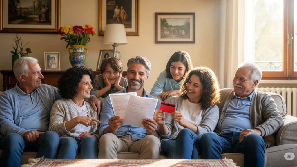 famiglia italiana seduta a casa in salotto, sorridente, con documenti e una carta prepagata in mano