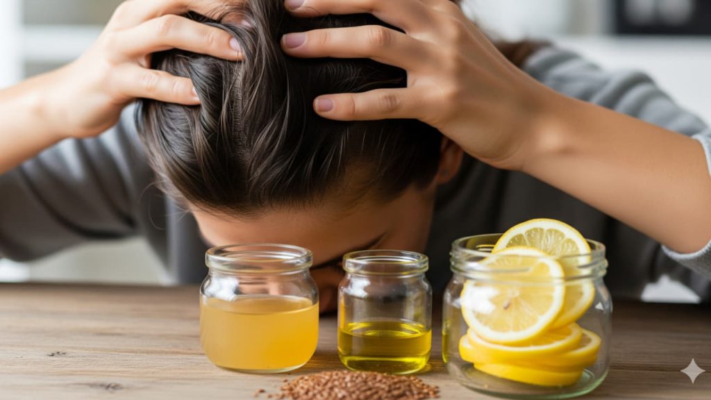 Donna che si massaggia la cute, applicando un metodo naturale contro la forfora