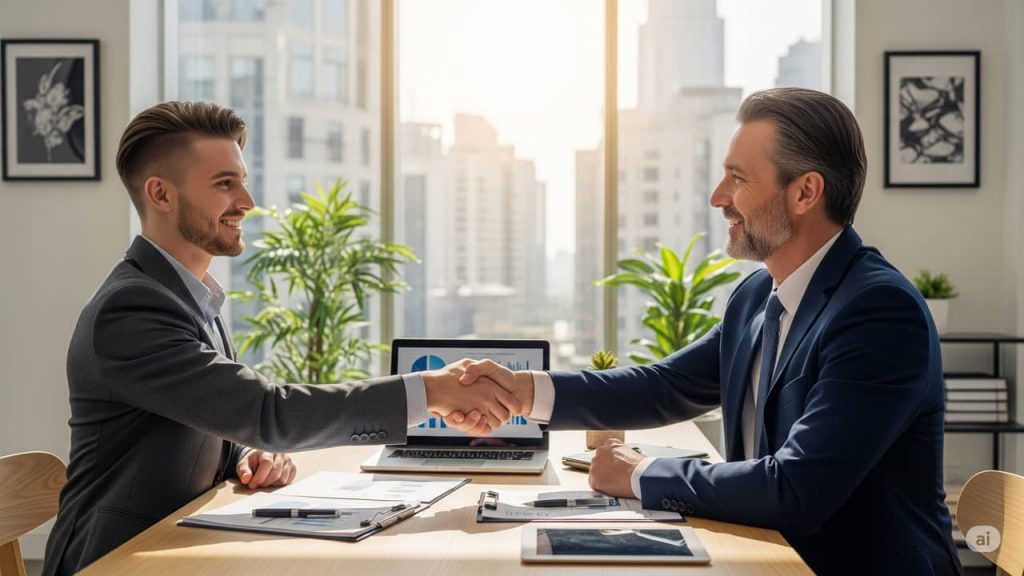 Giovane imprenditore under 35 che avvia la sua nuova attività grazie a un finanziamento da 50mila euro.