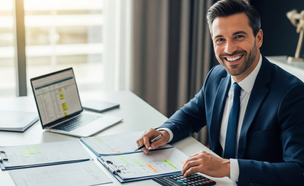 Imprenditore italiano seduto a una scrivania con documenti fiscali, computer portatile e calcolatrice