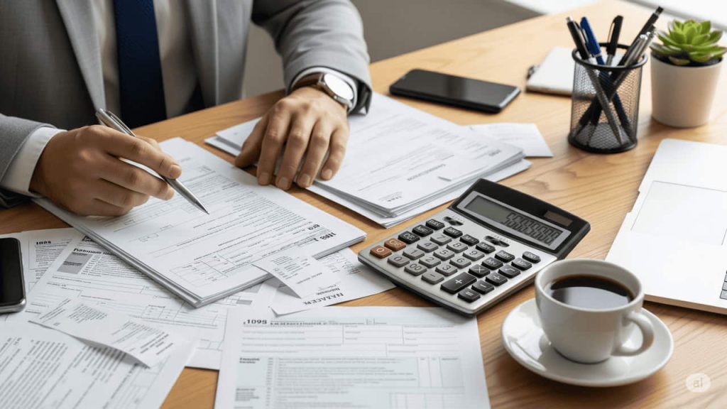 Documenti fiscali e calcolatrice su scrivania di un lavoratore autonomo