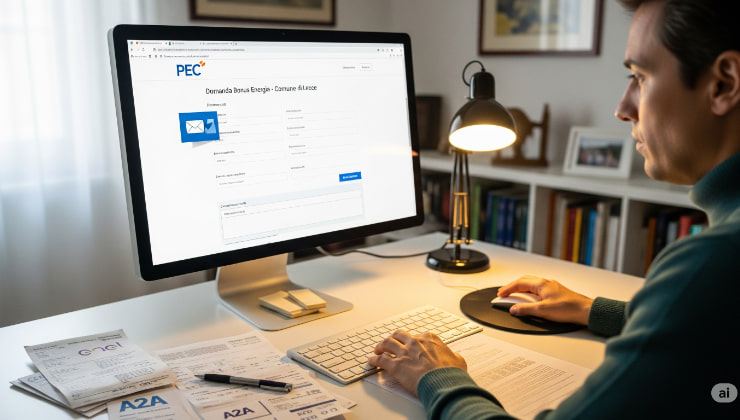 Un cittadino al computer mentre compila la domanda online via PEC per il bonus energia del Comune di Lecce, con bollette e documenti accanto.