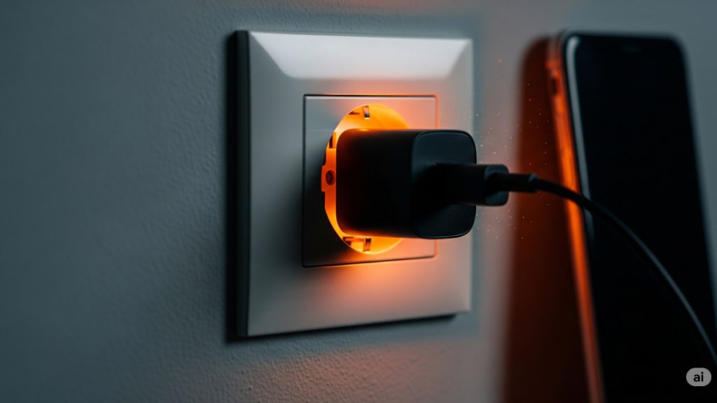 Primo piano realistico di una presa elettrica moderna con caricabatterie per smartphone inserito, stanza semibuia, atmosfera seria, luce calda che evidenzia il consumo nascosto di energia.
