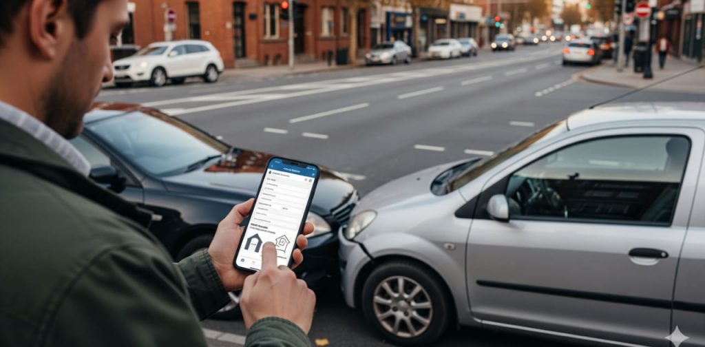 Un automobilista usa lo smartphone per compilare una constatazione amichevole digitale dopo un incidente leggero tra due auto in città