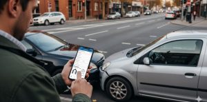 Un automobilista usa lo smartphone per compilare una constatazione amichevole digitale dopo un incidente leggero tra due auto in città