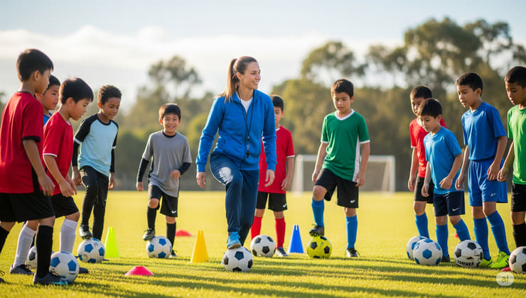 Allenatore che insegna calcio a bambini su un campo