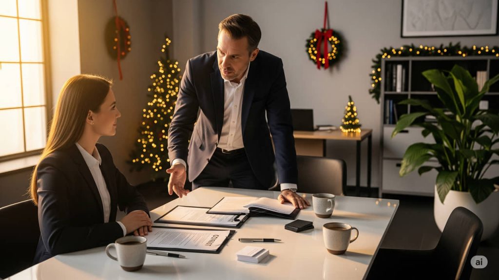 Datore di lavoro e dipendente discutono di un accordo contrattuale per la tredicesima.