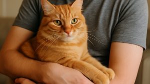 Gatto in braccio al suo padrone.