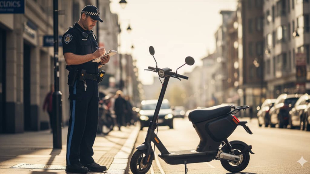 monopattino elettrico fermato dalla polizia locale in città, scena realistica con agente che prende appunti e il mezzo accostato al marciapiede.