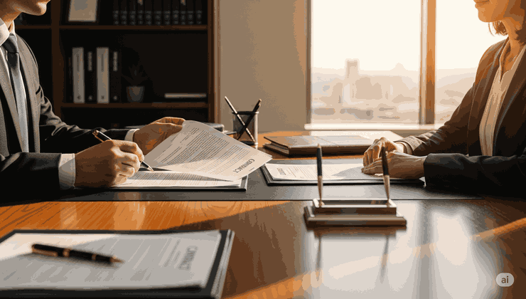 Mani di due persone che firmano un accordo legale in uno studio