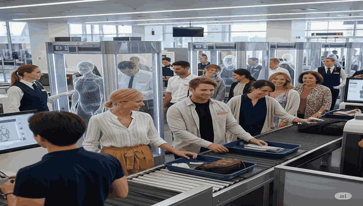 Una fila di passeggeri che passa velocemente al controllo di sicurezza in aeroporto grazie a nuovi scanner 3D, operatori sorridenti e atmosfera rilassata.