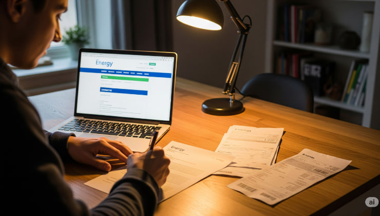 Un consumatore al tavolo con computer e bollette aperte, mentre scrive un reclamo formale da inviare via PEC alla compagnia energetica.