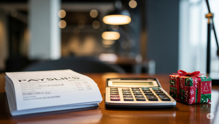 Busta paga con calcolatrice e regalo natalizio come simbolo della tredicesima.