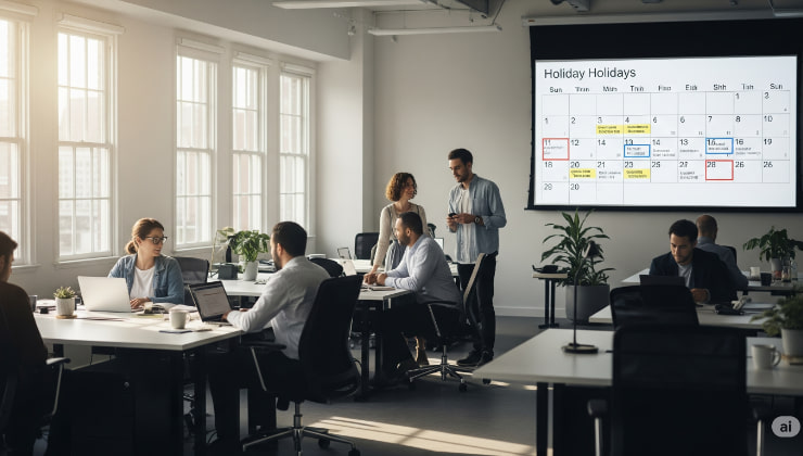Gruppo di colleghi in ufficio che pianifica le ferie.