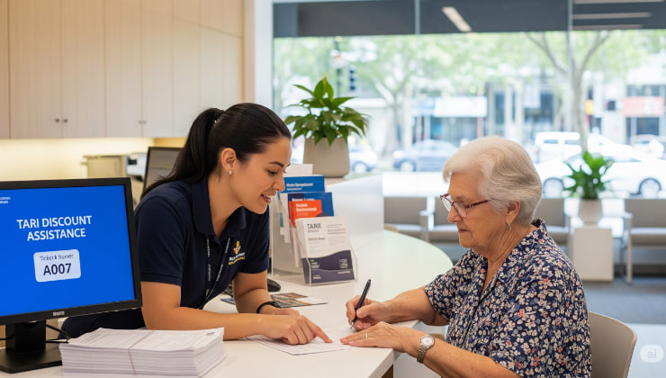 Impiegato comunale spiega a un'anziana signora come compilare la richiesta per lo sconto TARI.