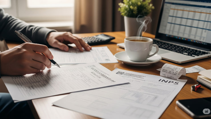 mano che compila moduli fiscali e documenti INPS su un tavolo, accanto a una tazza di caffè e un computer portatile. Luce naturale, contesto da ufficio domestico.