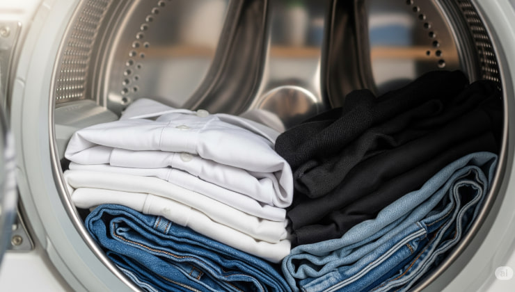 Vista ravvicinata di un cestello di lavatrice aperto con jeans, camicie bianche e capi scuri separati in pile ordinati, luce naturale, contesto domestico ordinato