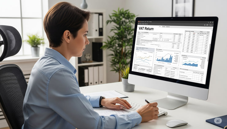 Lavoratore autonomo mentre compila documenti fiscali al computer