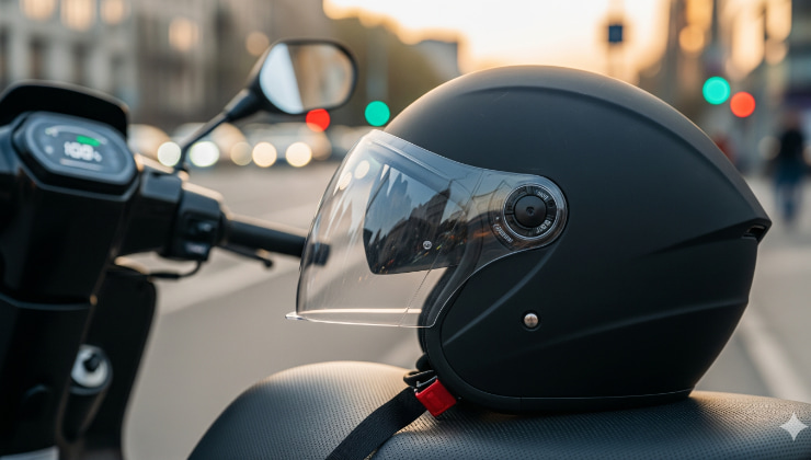 Primo piano di un casco protettivo da monopattino appoggiato sul sellino di un mezzo elettrico, con sfondo urbano sfocato.
